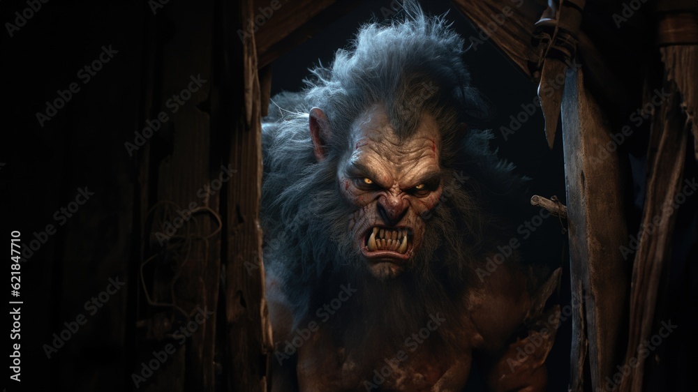 Terrifying and fierce woodland cannibal troll male raging angry afflicted with malignant madness, dangerous and evil fantasy monster - generative AI 