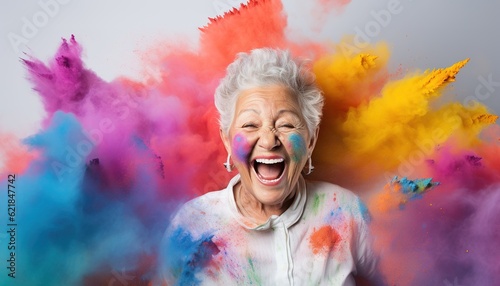 Happy old Latin woman smiling in a cloud of colorful smoke, color explosion, holi, age-positivity, against ageism, having fun, over 50, colors, party, peace, inclusive, freedom. Generative AI.