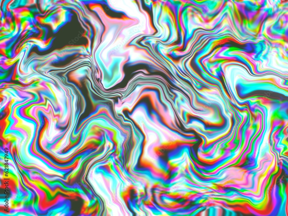 A multicoloured texture marble background with folds and ripples with an iridescent holographic chrome effect
