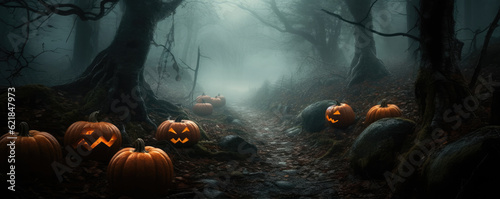 Jack O’ Lanterns At Moonlight - Halloween concept, generative ai