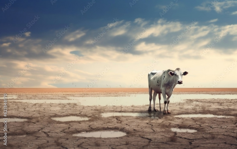A white cow standing in a puddle of water. AI