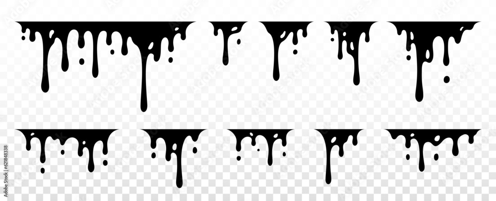 Paint dripping. Dripping liquid. Paint flows. Current paint, stains. Current drops. Current inks. Vector illustration. Flowing liquid. Stencil drops. Paint splatter. Molten. Chocolate drops. Oil drop