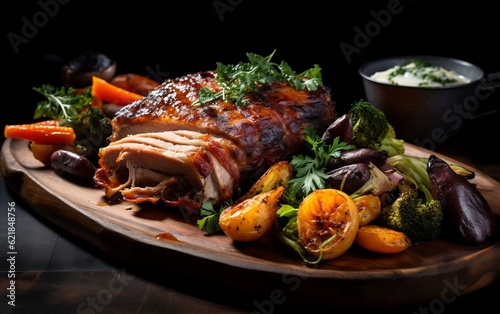 A large piece of meat sitting on top of a wooden cutting board. AI