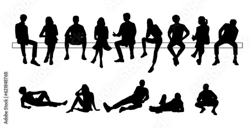 Photographie Vector silhouettes of a men and a women sitting on a bench, a group of business