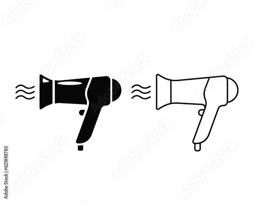 Vector hair dryer icon. A linear outline and a black and white graphic icon on a white background. Hair drying. A symbol for the Internet and mobile applications