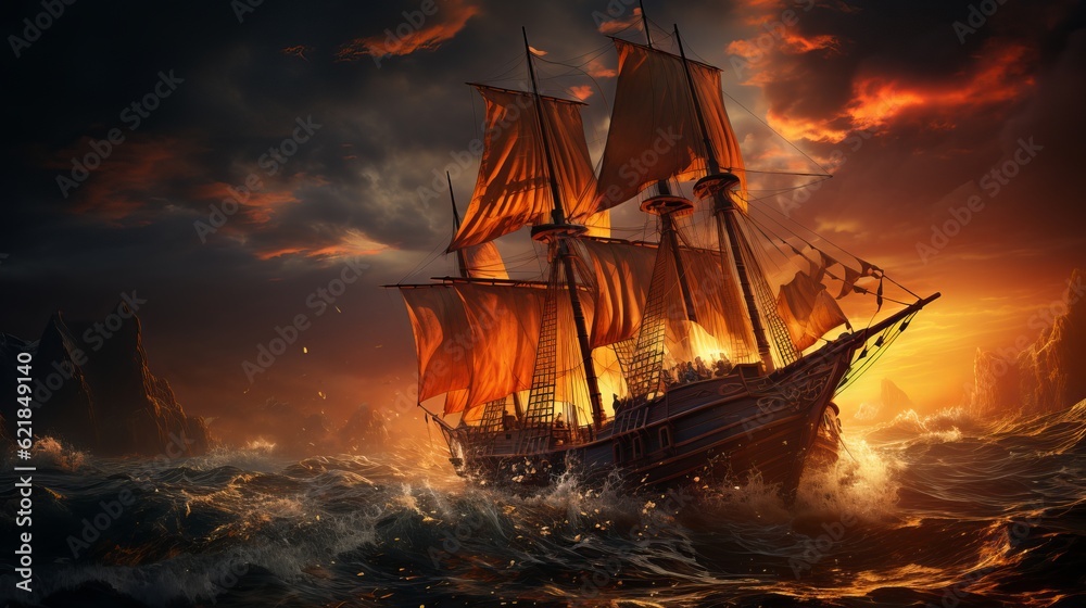 Obraz premium Drawing of an old sailboat on the waves Generative AI