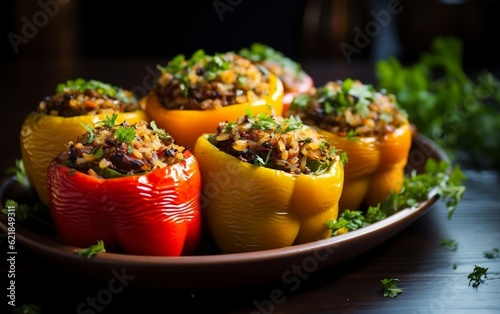 A plate of stuffed bell peppers with rice and black beans. AI