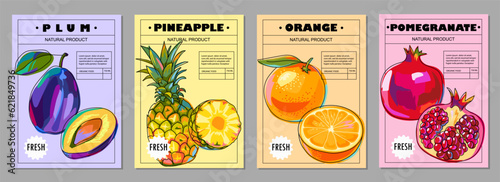 Set of fruit posters, labels, covers or price tags. A collection of fruit patterns. Plum, pineapple, orange fruit, pomegranate. Cartoon style, vector illustration.