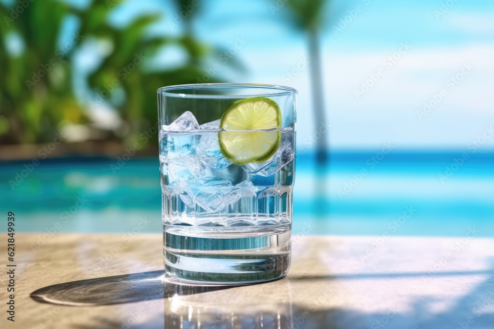 A glass of ice water on a table with a beach background A glass of ice water on a table with a beach background