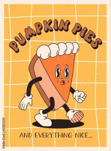 Funny Retro Fall greeting card with retro cartoon Pumpkin Character in groovy 70s Vintage Style. Happy Autumn Illustration with pumpkin spice latte and pumpkin pie. Contour vector illustration.