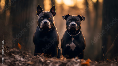 2 Black Pit Bulls in aggressive mode sitting in Jungle