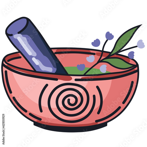 Witch bowl with herbs. Witchcraft and Magic. Vector.