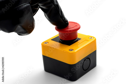 Hand in Dark Black Glove Finger Pressing a Red Button Isolated on White With Clipping Path Cutout Concept for Nuclear War Threat, Global Conflict, and Dangerous Escalation to Catastrophic Risk