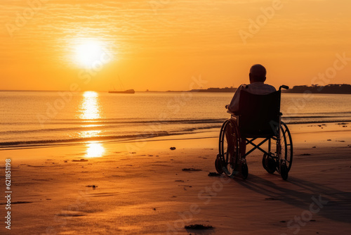 A person is sitting in a wheelchair on a beach