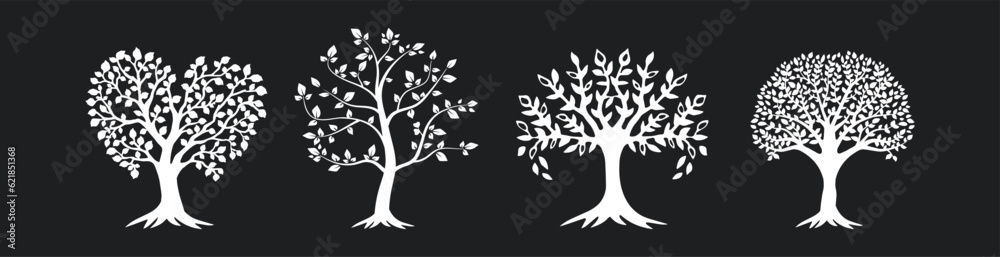 Fototapeta premium silhouette of trees with leaves and root vector on black background. stylized trees vector silhouette