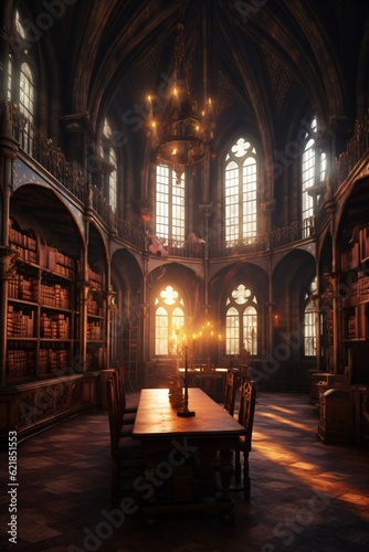 medieval library, gothic reading room interior with desks, old mysterious castle, fictional interior created with generative ai © CROCOTHERY