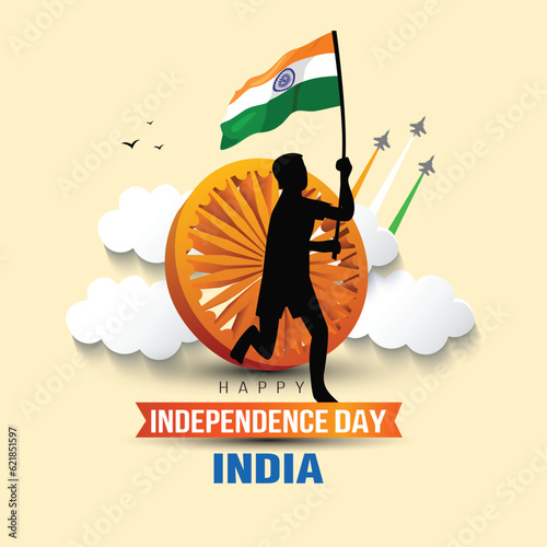 happy independence day India. 3d Ashoka chakra with running man. abstract vector illustration design