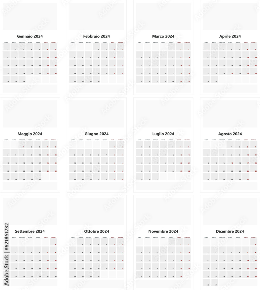 Simple Italian 2024 calendar with ample space for photos and indications of major holidays and anniversaries Simple Italian 2024 calendar with ample space for photos and indications of major holidays and anniversaries