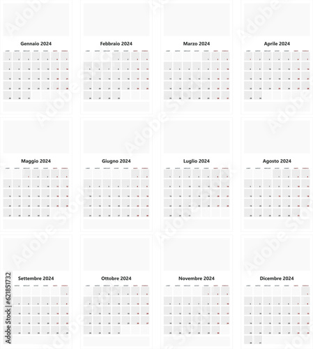 Simple Italian 2024 calendar with ample space for photos and indications of major holidays and anniversaries