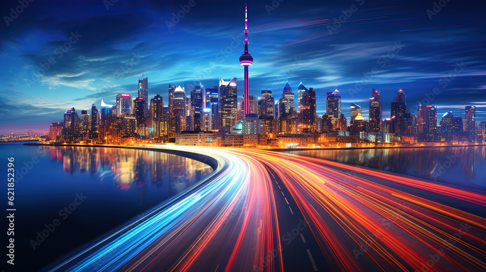 Naklejka premium Tracing the Vibrant Light Trails Against a Modern Cityscape. Generative Ai