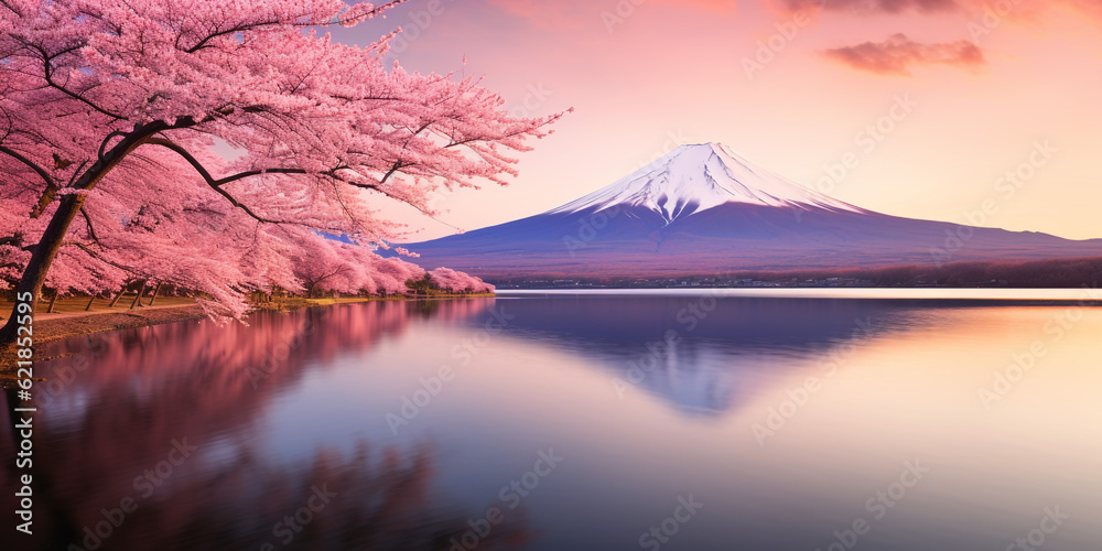 Fuji mountain in spring with Cherry Flower