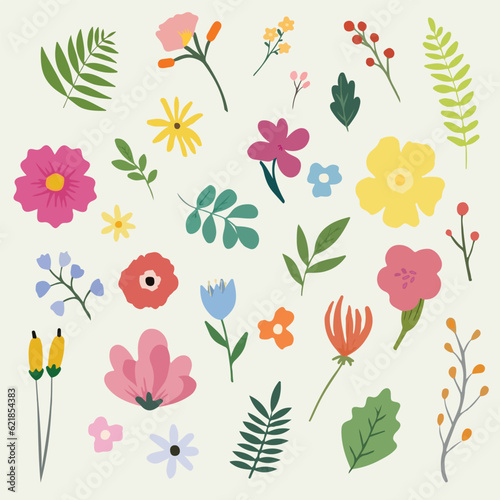 cute flower and leaf icon vector hand drawn, element set, illustration, green, garden, decoration, graphic, floral