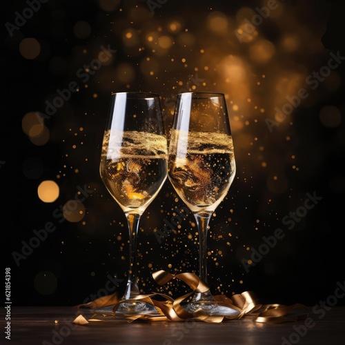 Two champagne glasses on a blurred gold background