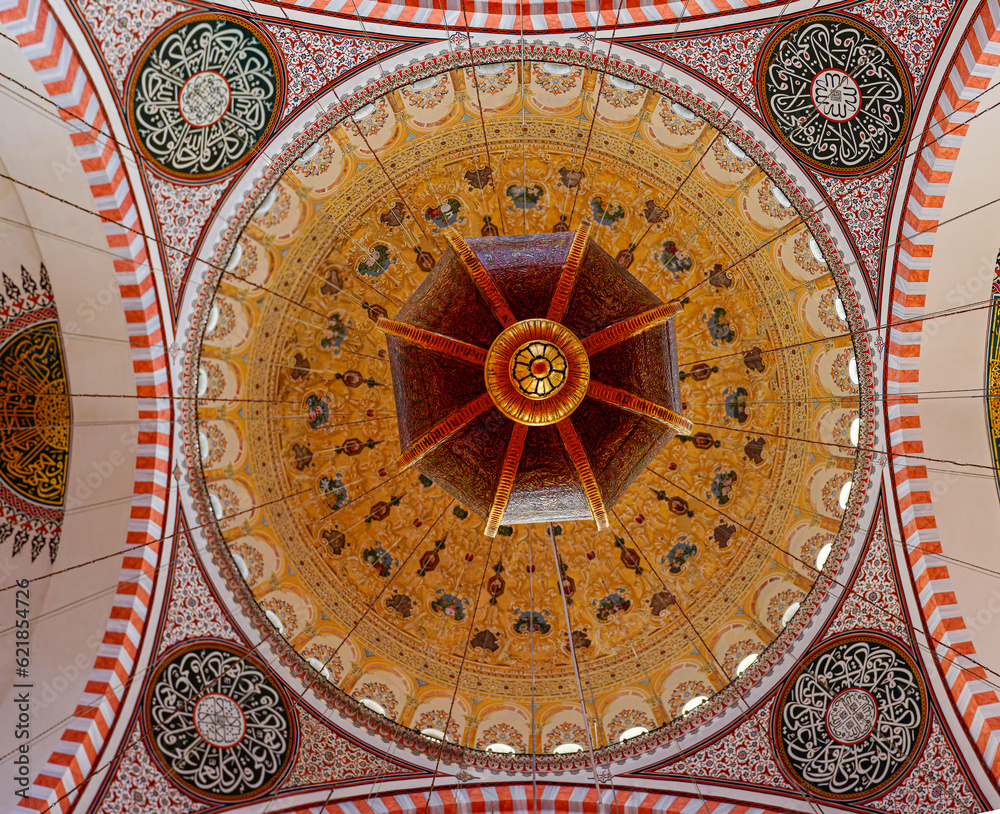 Ceiling of the mosque. Interior of the dome of Süleymaniye Mosque, Turkey, Istanbul 