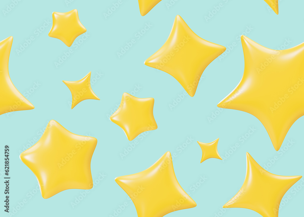 Seamless pattern with yellow 3D stars on blue background. Applicable for fabric print, textile, wallpaper. Repeatable texture. Cartoon style, pattern for kids bedding, clothes. 3D render. Seamless pattern with yellow 3D stars on blue background. Applicable for fabric print, textile, wallpaper. Repeatable texture. Cartoon style, pattern for kids bedding, clothes. 3D render.