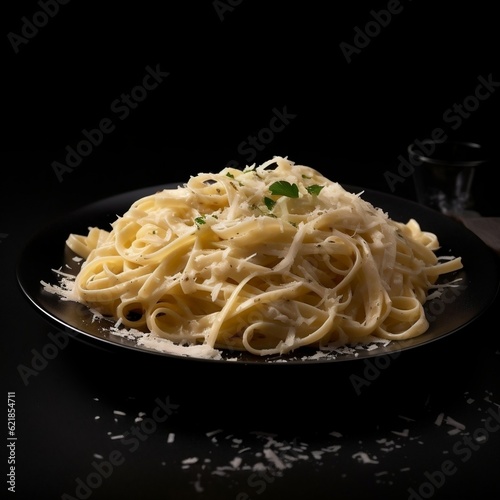 Fettuccine alfredo with parmesan cheese isolated on black background generative ai