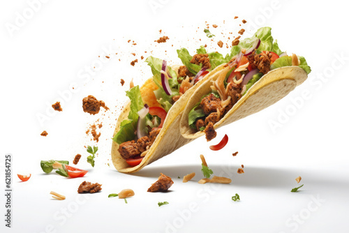 Traditional Mexican tacos with meat and vegetables splashing and flying isolated on white background. AI generative.