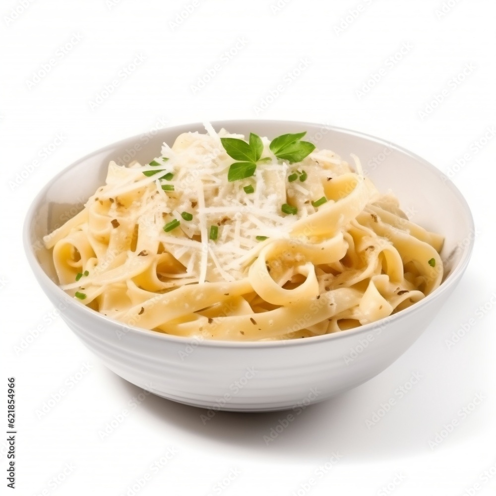 Fettuccine alfredo with parmesan cheese isolated on white background generative ai Fettuccine alfredo with parmesan cheese isolated on white background generative ai