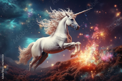 Unicorn with cosmic stars background. 