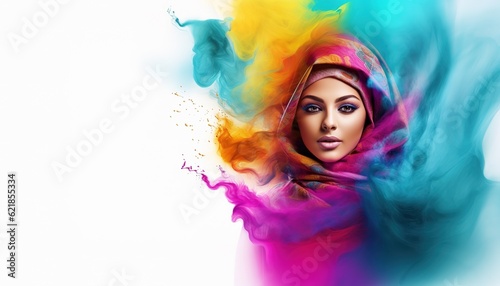 Happy middle eastern girl smiling in a cloud of colorful smoke and powder on a white background, having fun, LGBTQ+, party, peace, inclusive, beauty, freedom. Generative AI, color explosion, holi