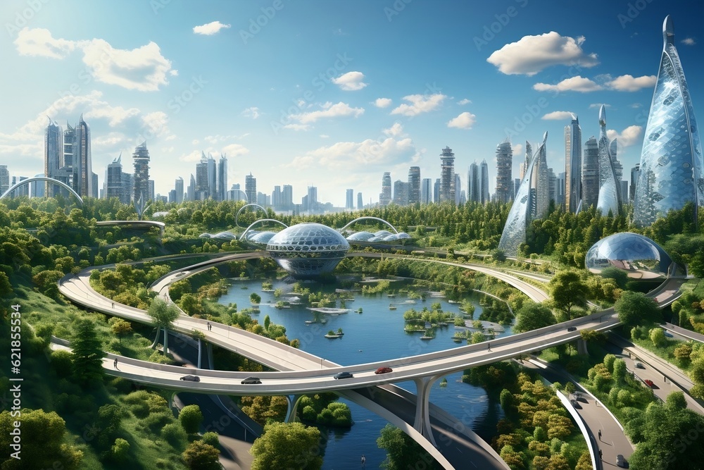 A futuristic city surrounded by trees and a river. AI
