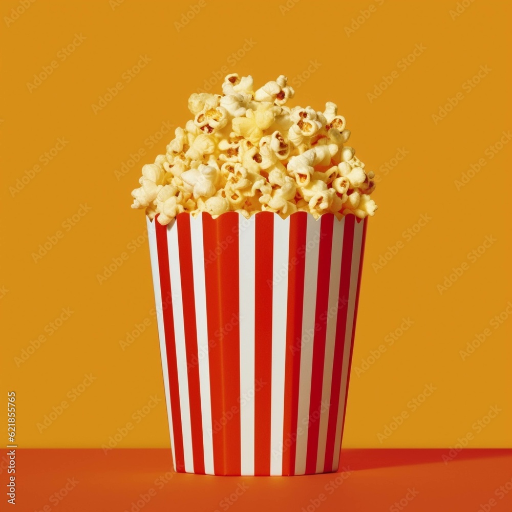 Popcorn in striped box on orange background. 3d rendering