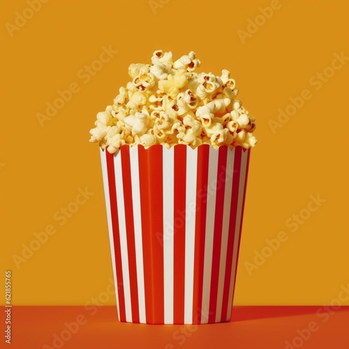 Popcorn in striped box on orange background. 3d rendering