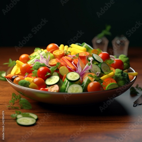 Fresh vegetable salad in a glass bowl on a black background with copy space