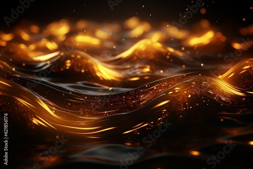 A dark background with gold lights and waves. AI