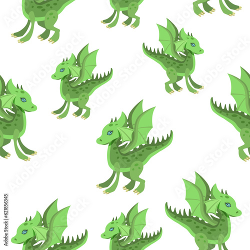 Seamless pattern of cartoon green dragons on a white background.Vector pattern for children s textiles  wallpaper.