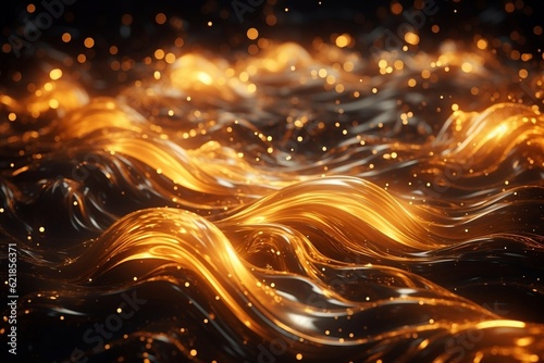 A dark background with gold lights and waves. AI