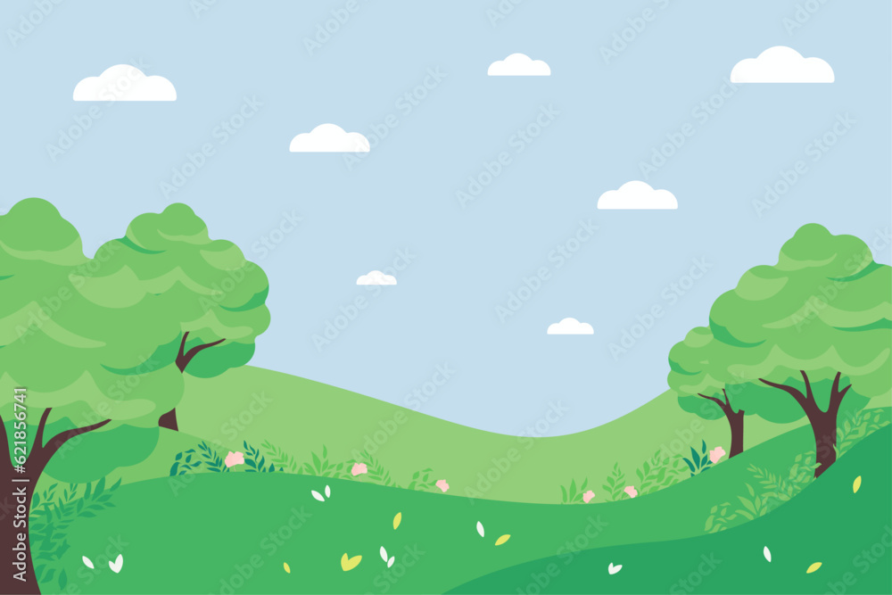 illustration with nature, meadow, trees, plants, landscape, vector