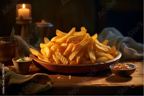 Golden French fries potatoes on a wooden table. Selective focus.