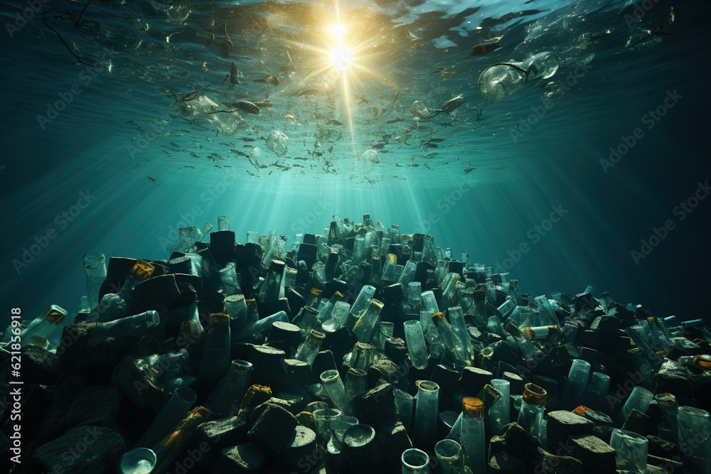 Plastic waste in sea water, pollution, Garbage problem plastic bottles ...