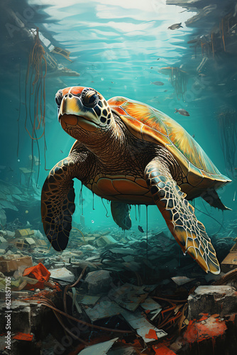 Turtle swimming among trash underwater, plastic waste in sea water, pollution, Garbage problem plastic bottles and microplastics floating in the open ocean, AI Generative. © Viktoriia