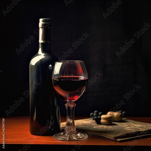 Bottle and glass of red wine on a wooden table against a dark background