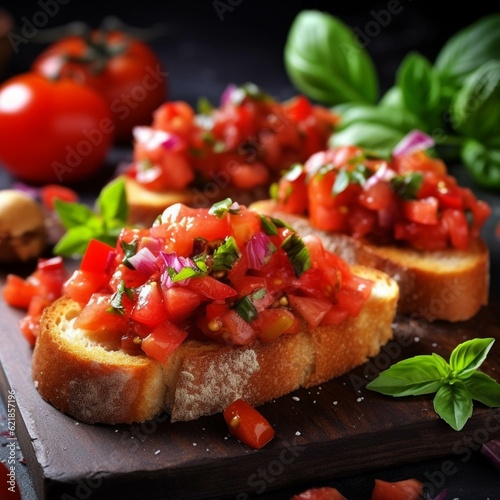 Bruschetta with tomato, basil and olive oil on rustic background