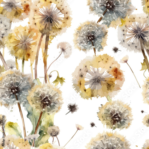 Seamless pattern fluffy watercolor dandelions. Vector illustration