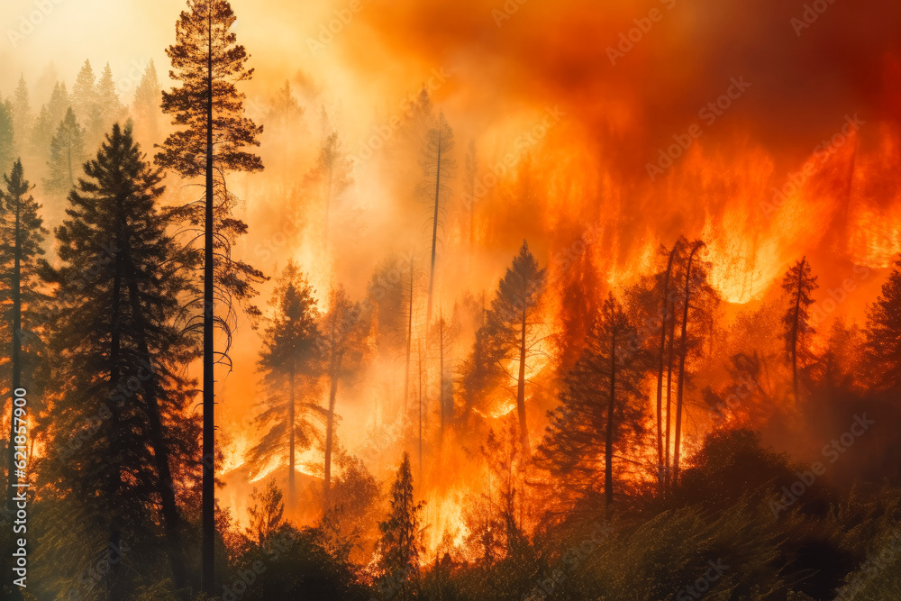 Forest fire. Smoke and flames in the forest. Generative AI Forest fire. Smoke and flames in the forest. Generative AI
