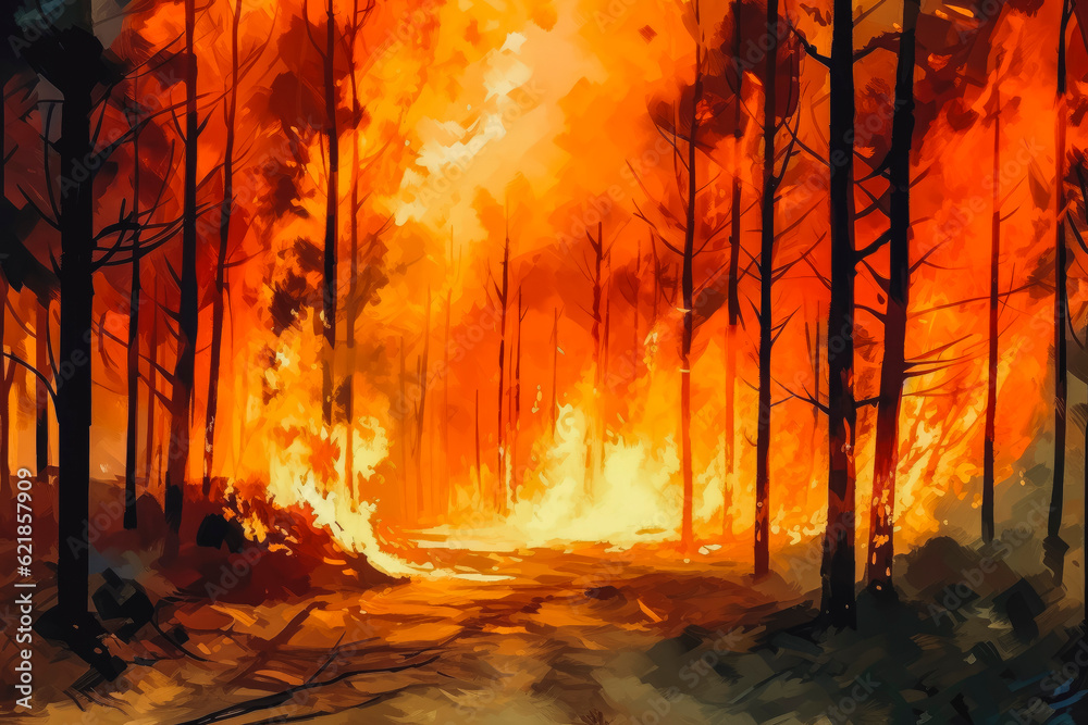 Forest fire. Smoke and flames in the forest. Generative AI Forest fire. Smoke and flames in the forest. Generative AI